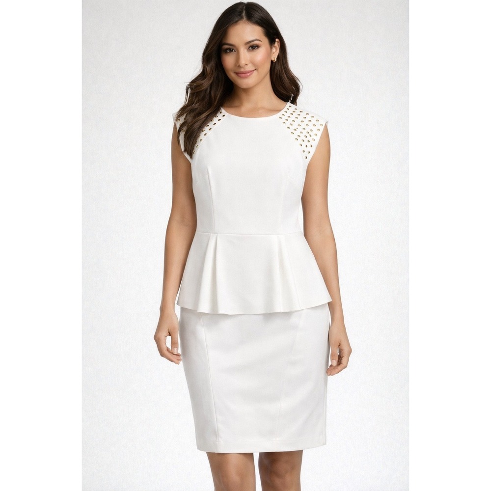 Jessica Simpson Womens Ivory Peplum Sheath Dress Gold Stud Shoulder Size 12